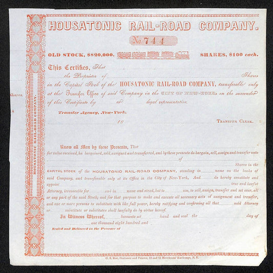 Housatonic Rail-Road Company c1870's Unissued Stock Certificate No. 744