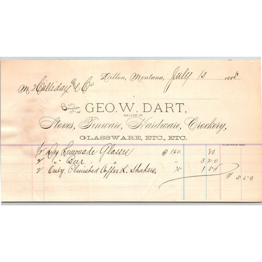Dillon, MT Geo. W. Dart Stoves Tinware Hardware 1888 Billhead R.C. Halliday*