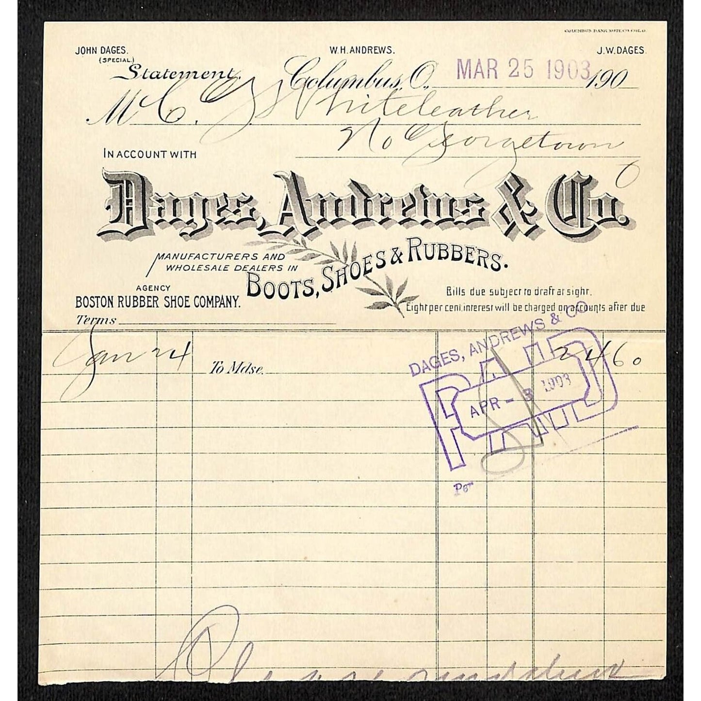 Dages, Andrews & Co. Rubbers 1903 Statement Whiteleather* N. Georgetown , OH