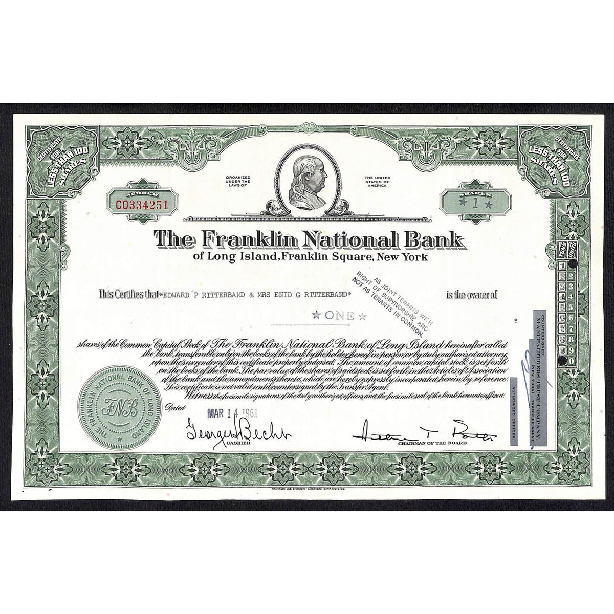 The Franklin National Bank * NY 1961 Stock Certificate Edward P. Ritterband