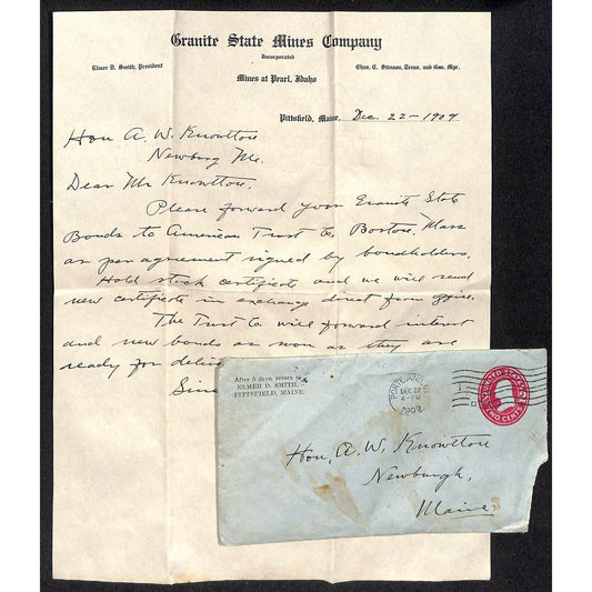 Granite State Mines Company 1909 ALS Letter to Hon. A.W. Knowlton* & Cover