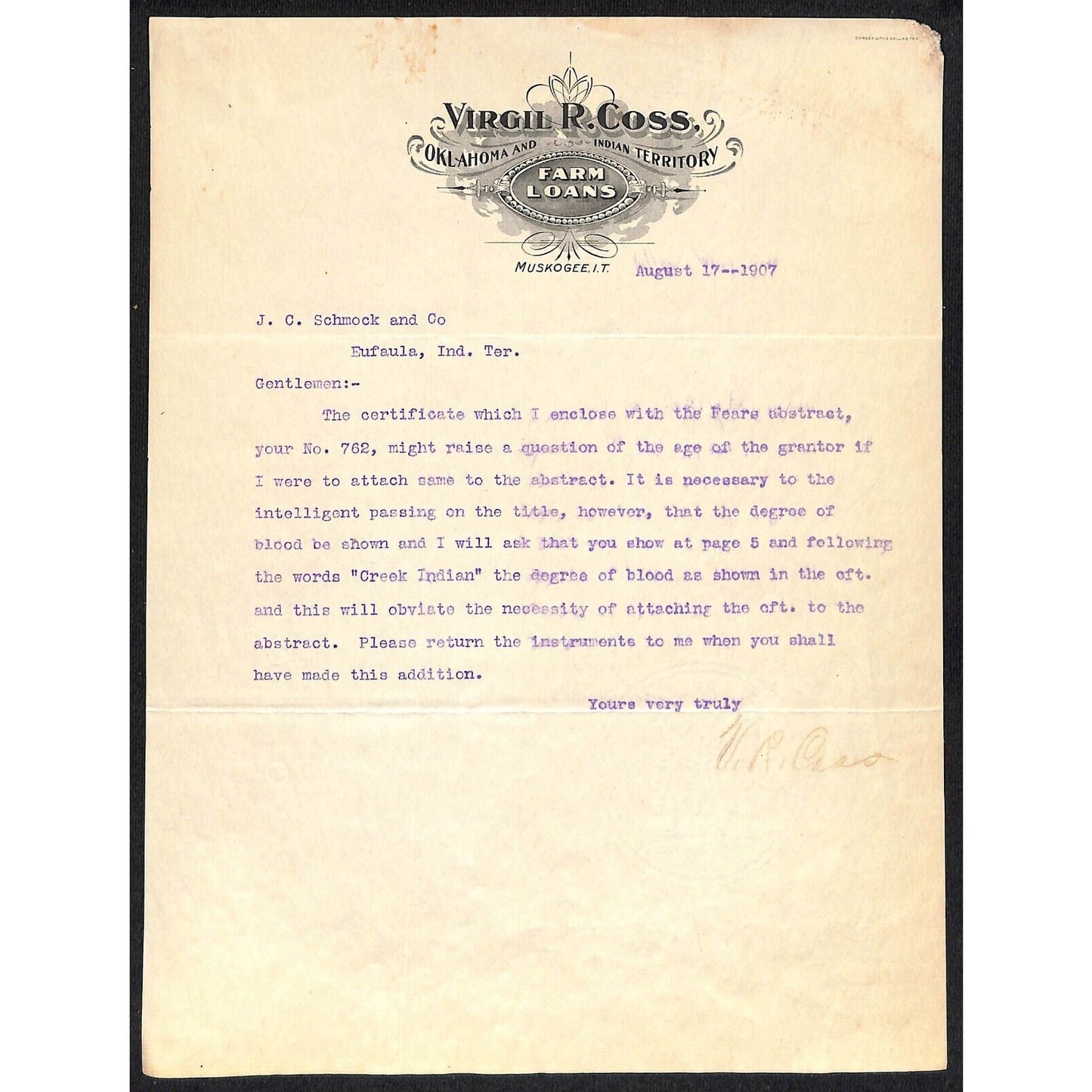 1907 Virgil R. Coss Farm Loans Muskogee, OK Indian Territory Letterhead
