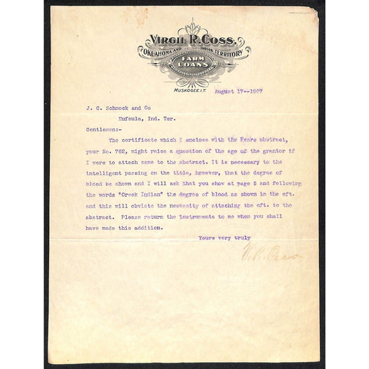 1907 Virgil R. Coss Farm Loans Muskogee, OK Indian Territory Letterhead