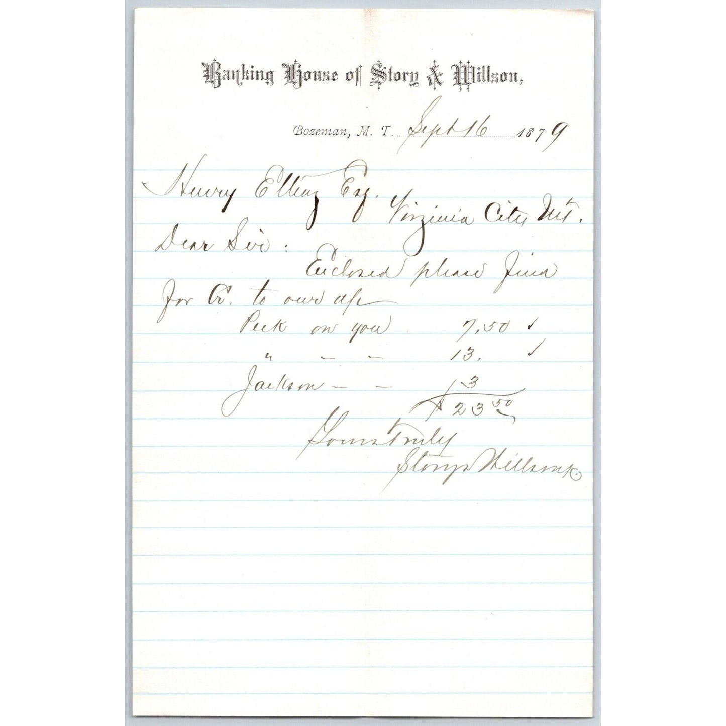 Banking House of Story & Nelson Bozeman, MT 9/16 1879 Letterhead Henry Elling*
