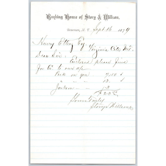 Banking House of Story & Nelson Bozeman, MT 9/16 1879 Letterhead Henry Elling*