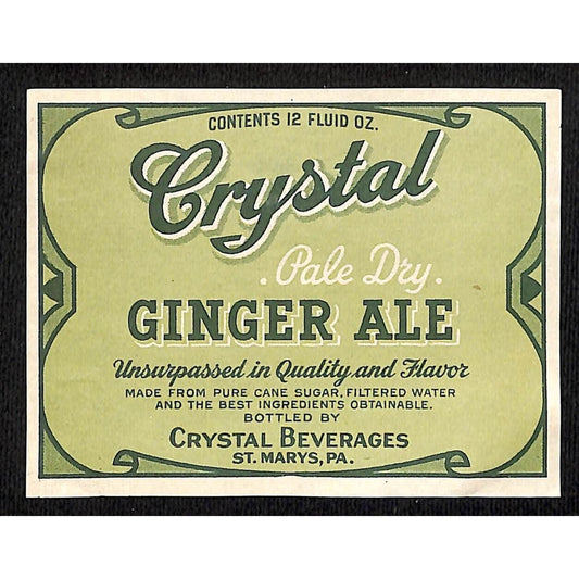 Ginger Ale Paper Label Crystal Beverages St. Marys, PA c1935-45 VGC
