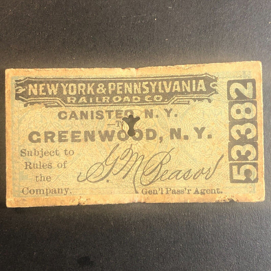 New York & Pennsylvania Railroad July 23 1917 Greenwood, NY Ticket #53382
