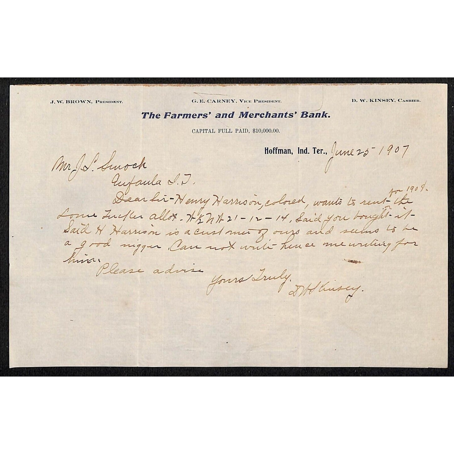 Farmers' and Merchants' Bank Hoffman, OK Indian Territory 1907 ALS Letterhead
