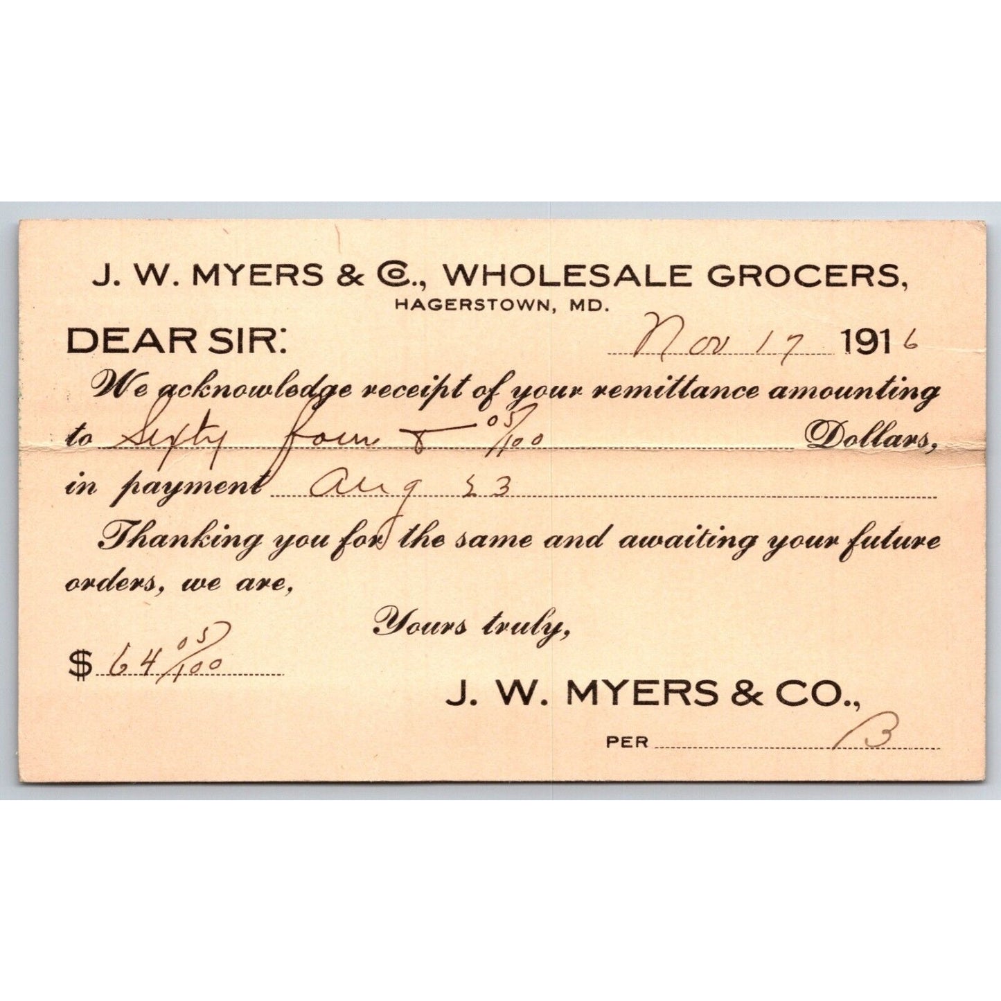 J.W. Meyers Wholesale Groceries Hagerstown, MD 1916 Receipt Postcard