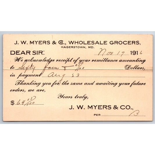 J.W. Meyers Wholesale Groceries Hagerstown, MD 1916 Receipt Postcard