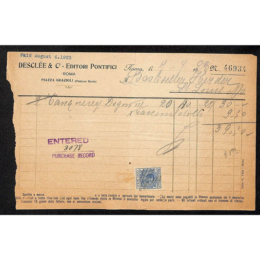 Desclée & Compagnie Rome Pontifical Publishers July 1923 Billhead Tax Stamp
