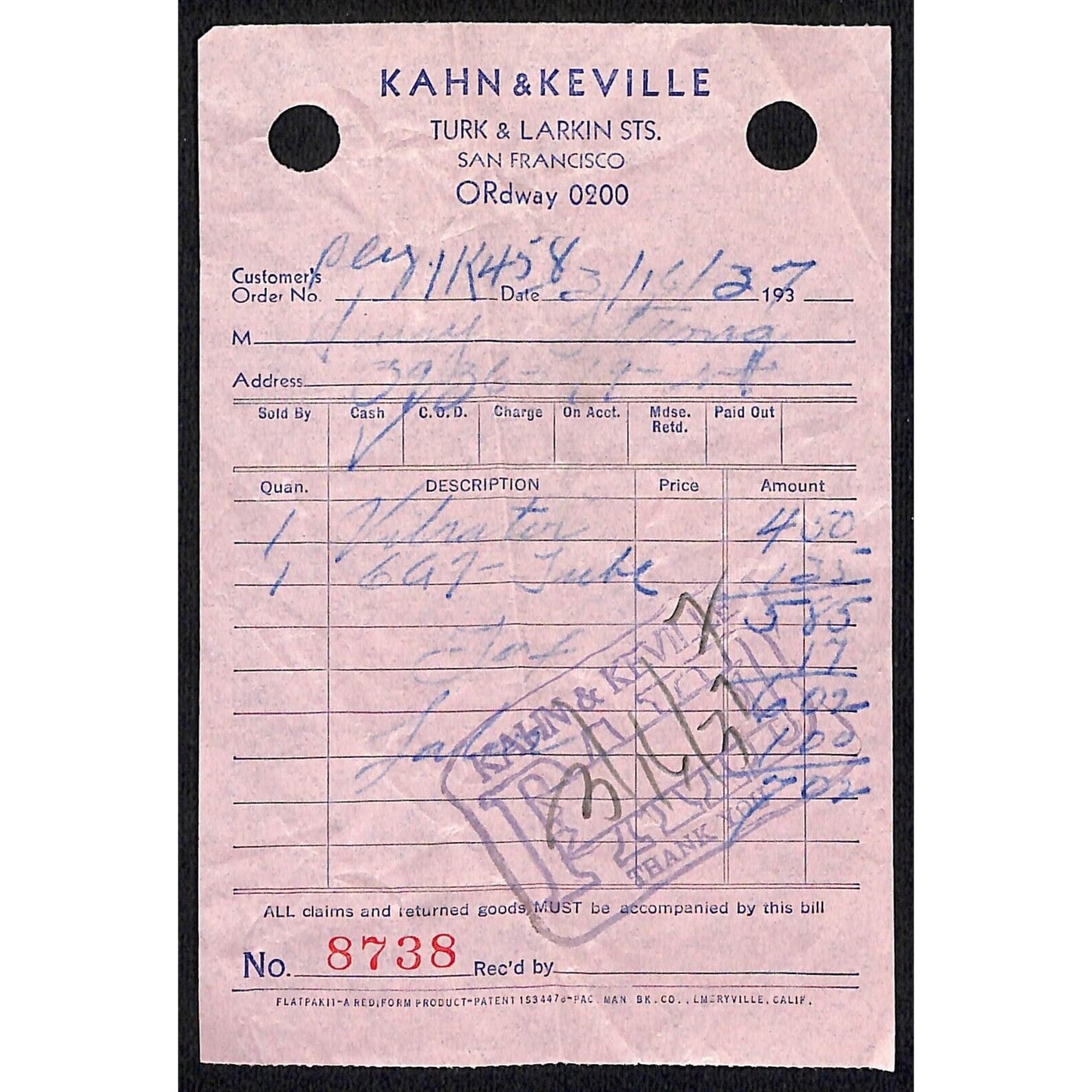 Kahn & Keville Turk & Larkin Sts. San Francisco 1937 Receipt
