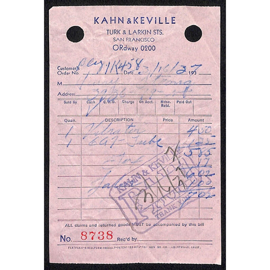 Kahn & Keville Turk & Larkin Sts. San Francisco 1937 Receipt