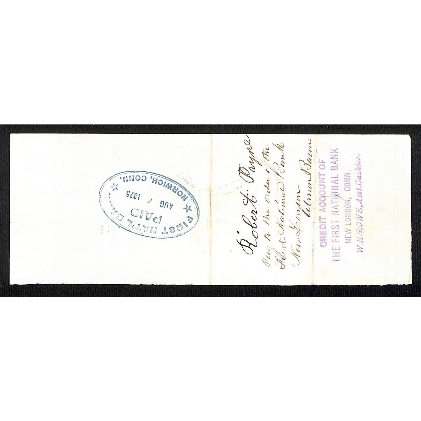James A. Bill* 1875 Thames National Bank Lyme CT on Rev Stamp Check Stock (#28)