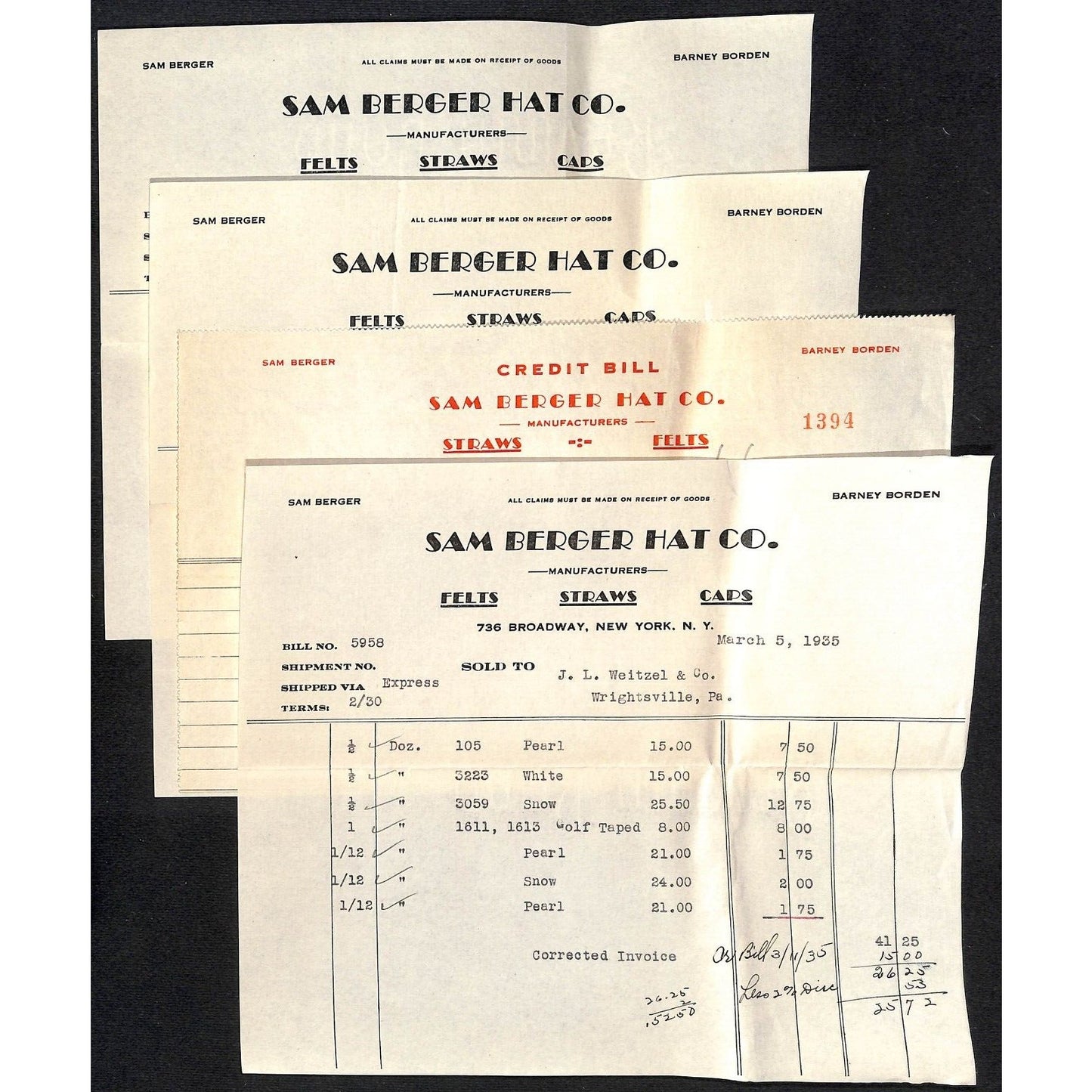 Sam Burger Hat Co. 736 Broadway NYC / Weitzel 1935 5 Billheads+ Cover