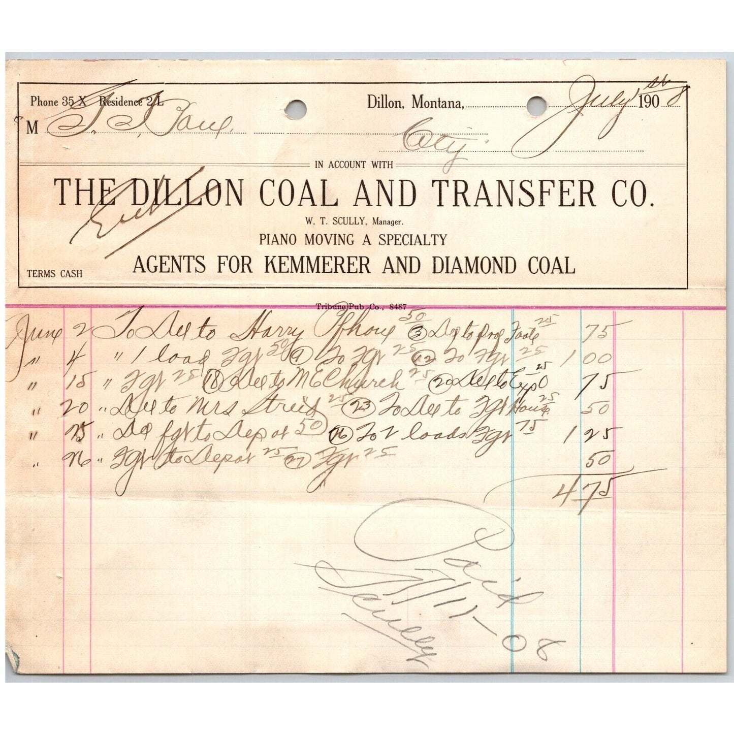 Dillon, MT Dillon Coal & Transfer Co Ice Wood July 1908 Billhead G.T. Paul*