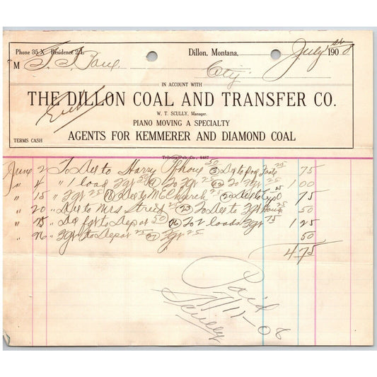 Dillon, MT Dillon Coal & Transfer Co Ice Wood July 1908 Billhead G.T. Paul*