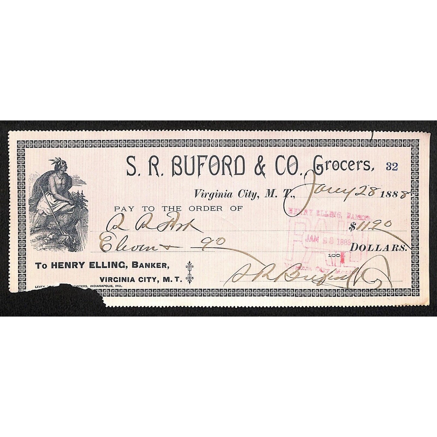 1888 Henry Elling Virginia City Montana Territory S.R. Buford Grocers Check #32