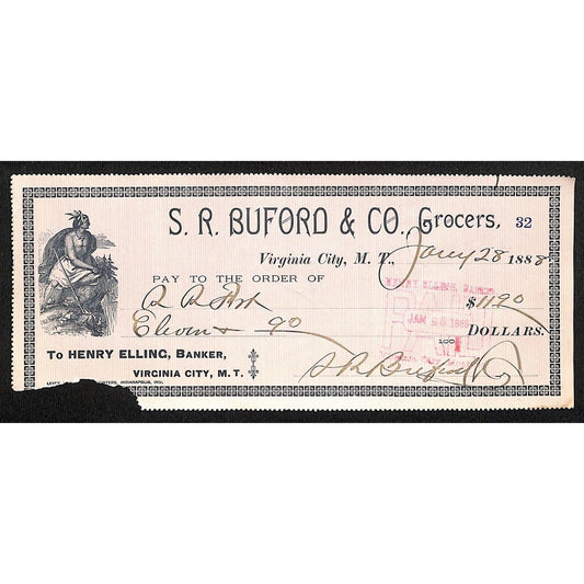 1888 Henry Elling Virginia City Montana Territory S.R. Buford Grocers Check #32