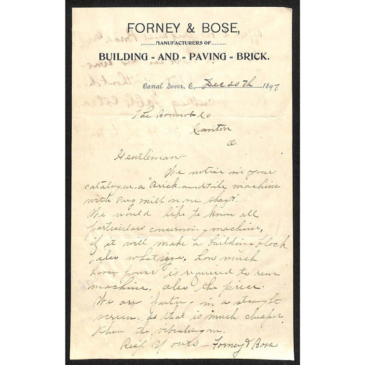 Forney & Bose Building and Paving Brick 1897 Canal Dover, OH Letterhead