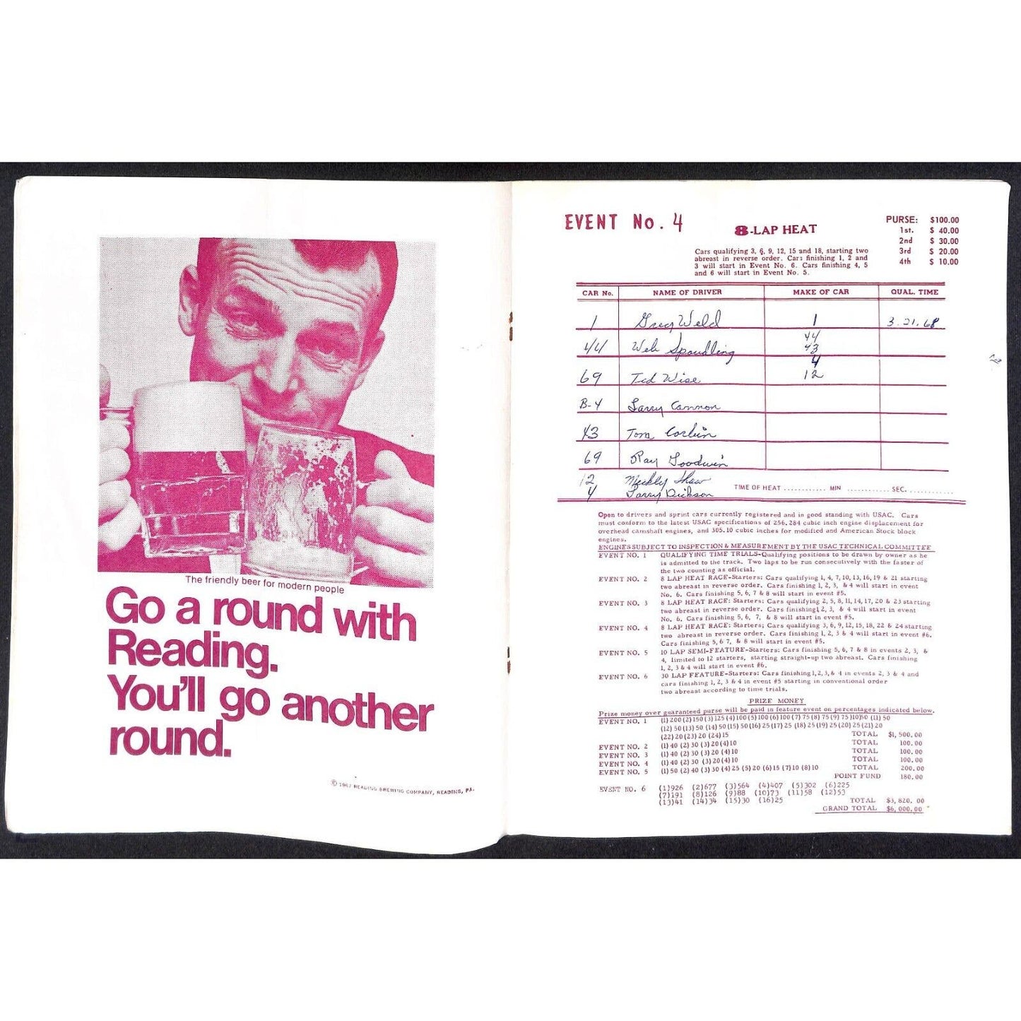 Reading Fairgrounds 1968 USAC Auto Races Program Sprint Car Opener 12pp*