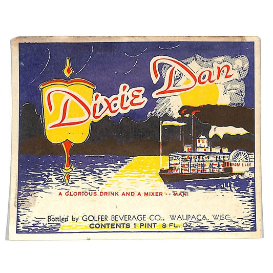 Dixie Dan Drink Mixer Golfer Beverages Waupaca Bottle Label Steamboat c1930s-40s