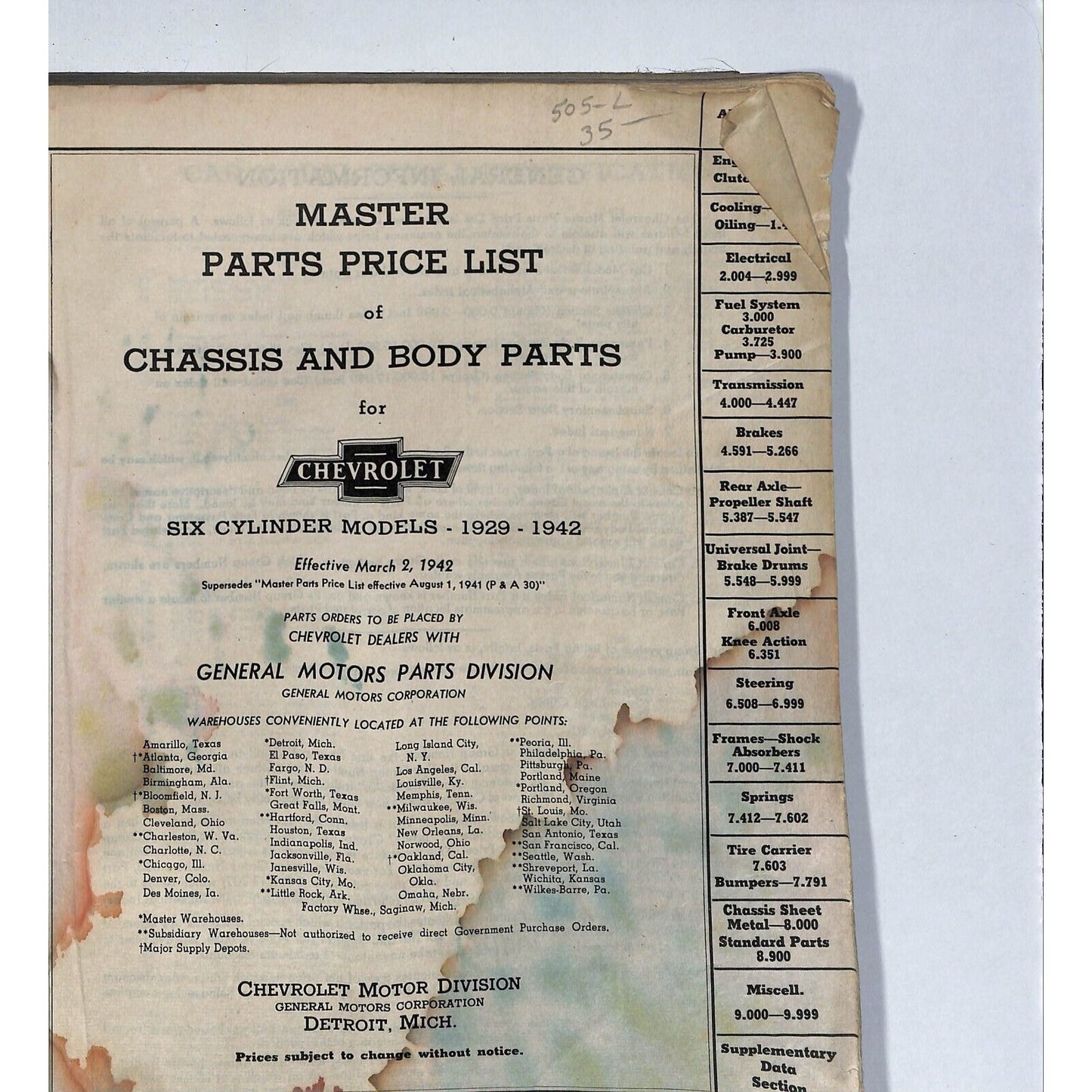 1929 - 1942 Chevrolet Master Parts Price List Manual 550+pp 2 1/4 lbs.