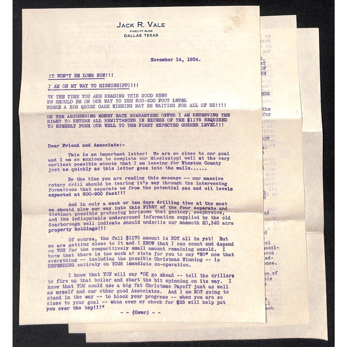 Jack R. Vale Dallas 1934 Oil Investment Scheme ? Promotion Letter 5pp