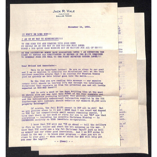 Jack R. Vale Dallas 1934 Oil Investment Scheme ? Promotion Letter 5pp