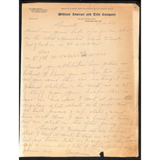 1908 Midland Abstract and Title Co. Indian Territory Muskogee, OK ALS Letterhead