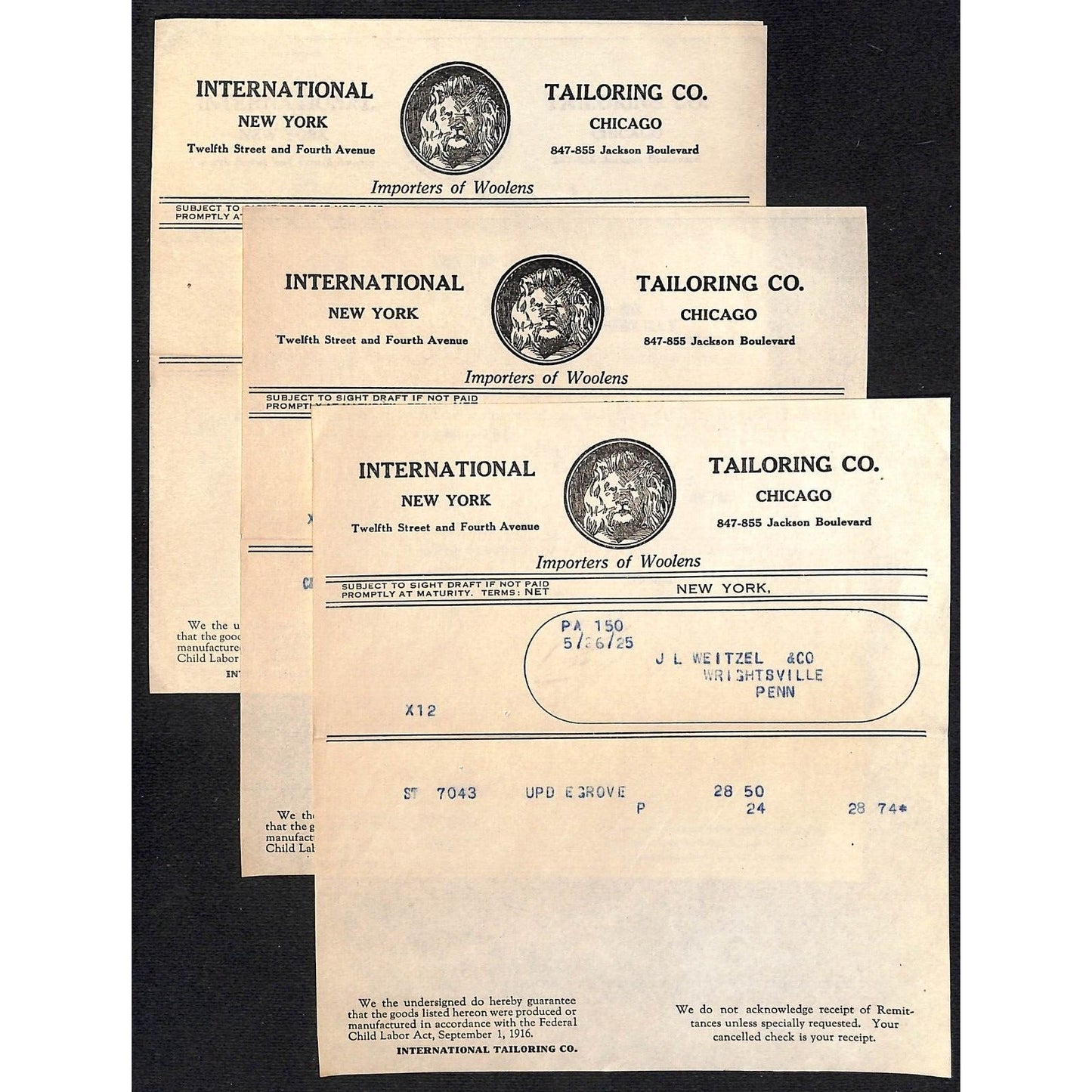 International tailoring Co. 12th St. & Fourth Ave NYC 1925 4 Billheads + Cover