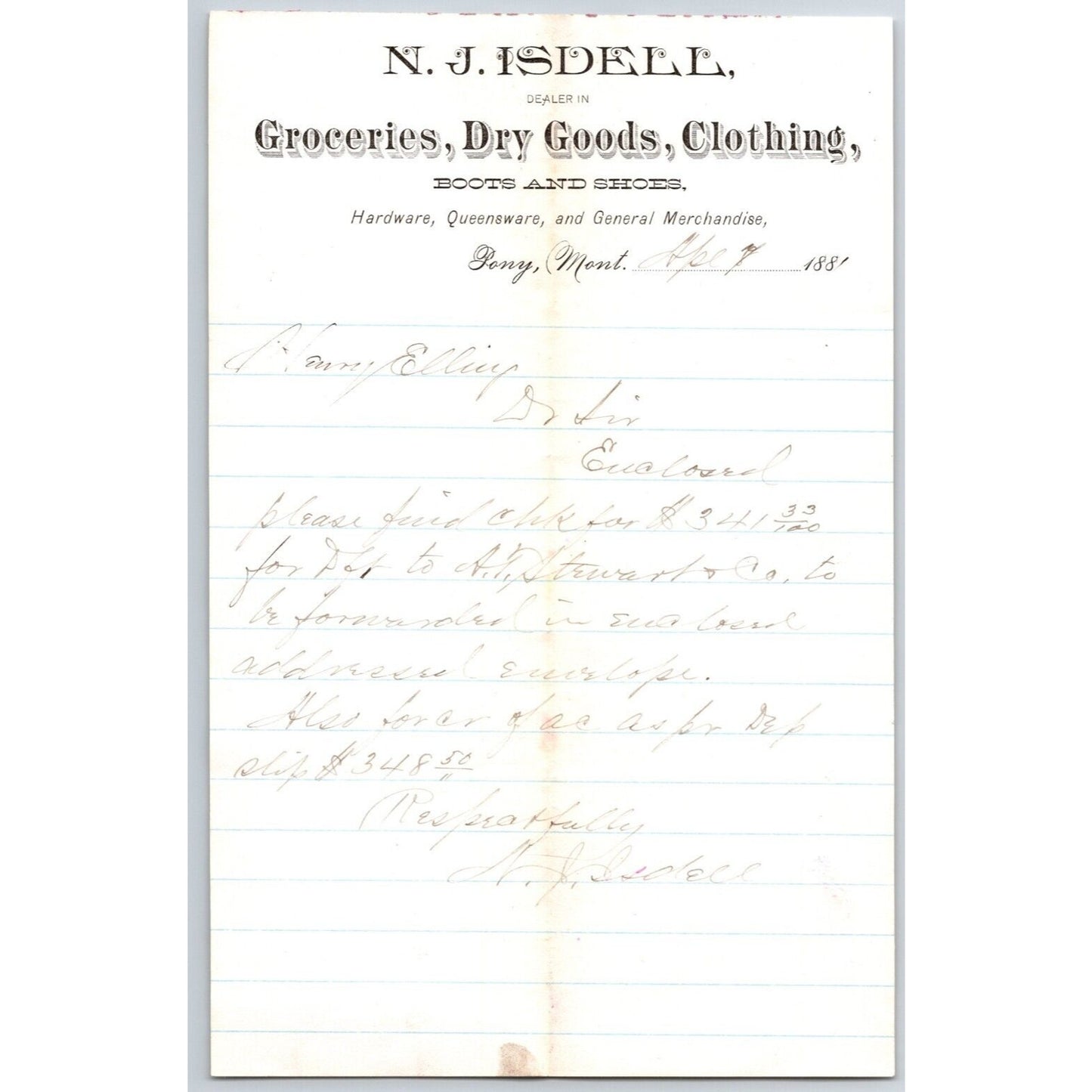N.J. Isdell Pony, MT Dry Goods 4/7 1881 Payment Advice Henry Elling*