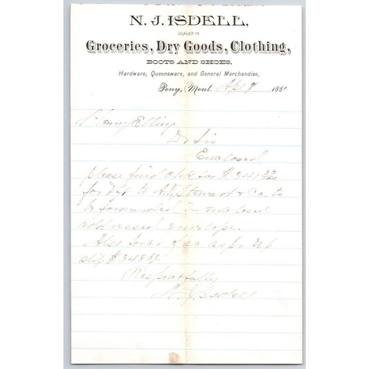 N.J. Isdell Pony, MT Dry Goods 4/7 1881 Payment Advice Henry Elling*