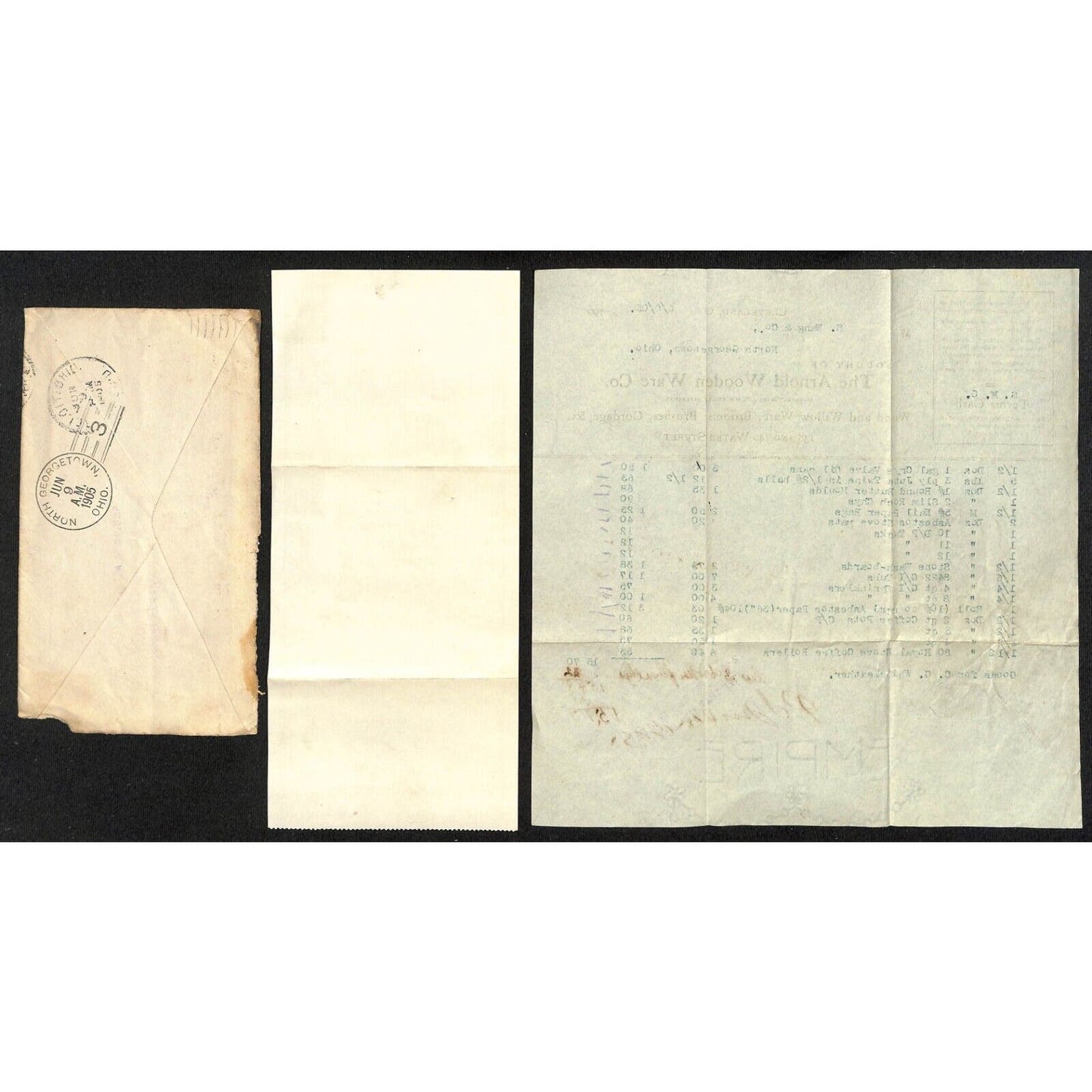 Arnold Wooden Ware Cleveland Samuel Wang Co* N. Georgetown 1905 Billhead & Cover