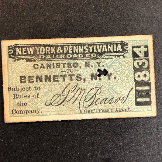 New York & Pennsylvania Railroad July 24 1917 Bennetts, NY Ticket #11834