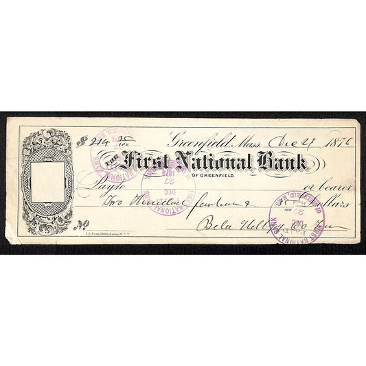 1877 Franklin Co. National Bank Greenfield MA $75 A.W. Porter Promissory Note