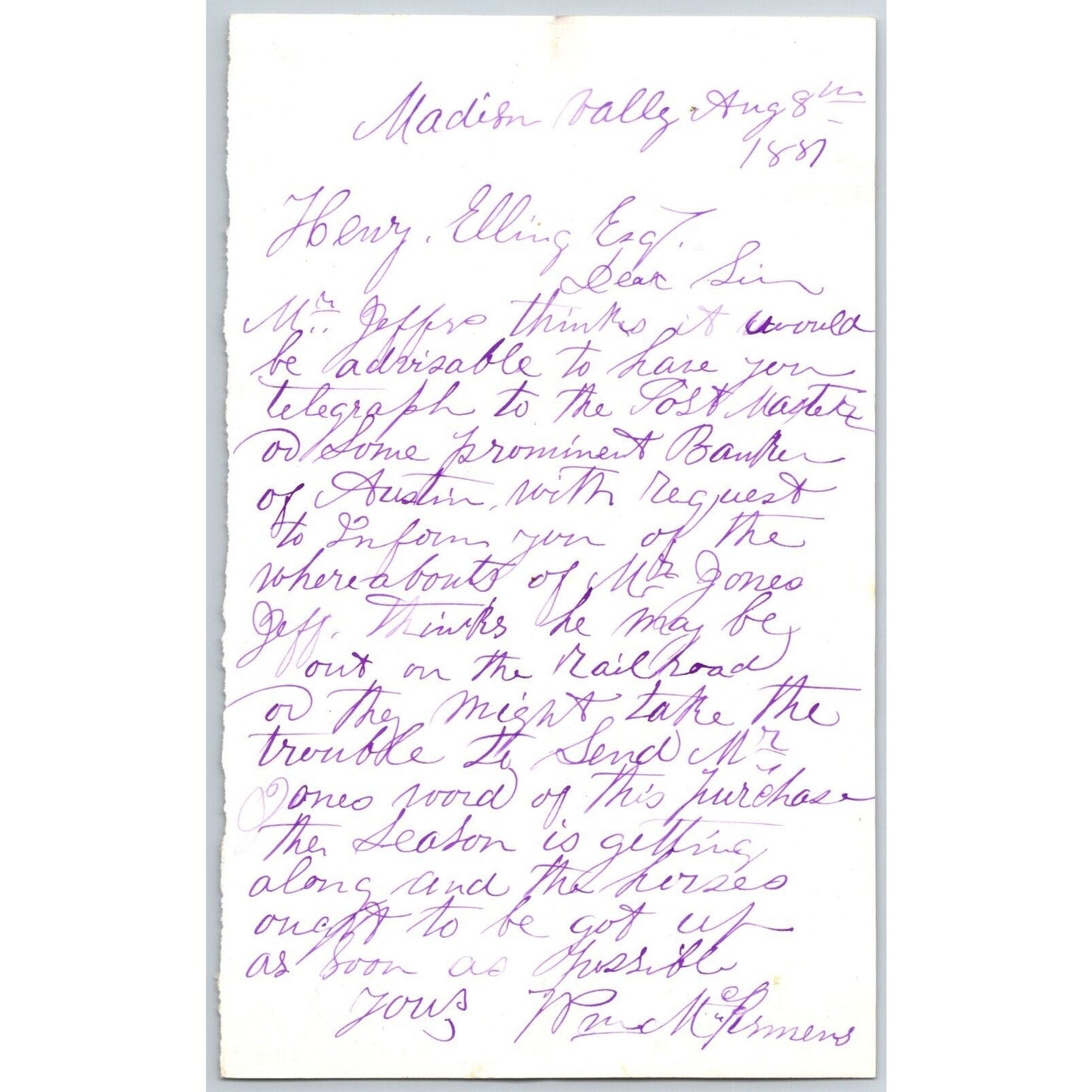 1881 ALS to Henry Elling* Montana "..Some prominent Banker from Austin..." VGC