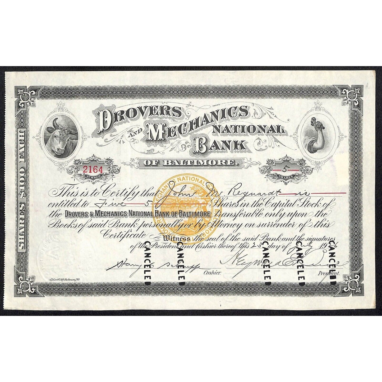 Drovers and Mechanics National Bank 1926 Stock Certificate John M. Regnardt