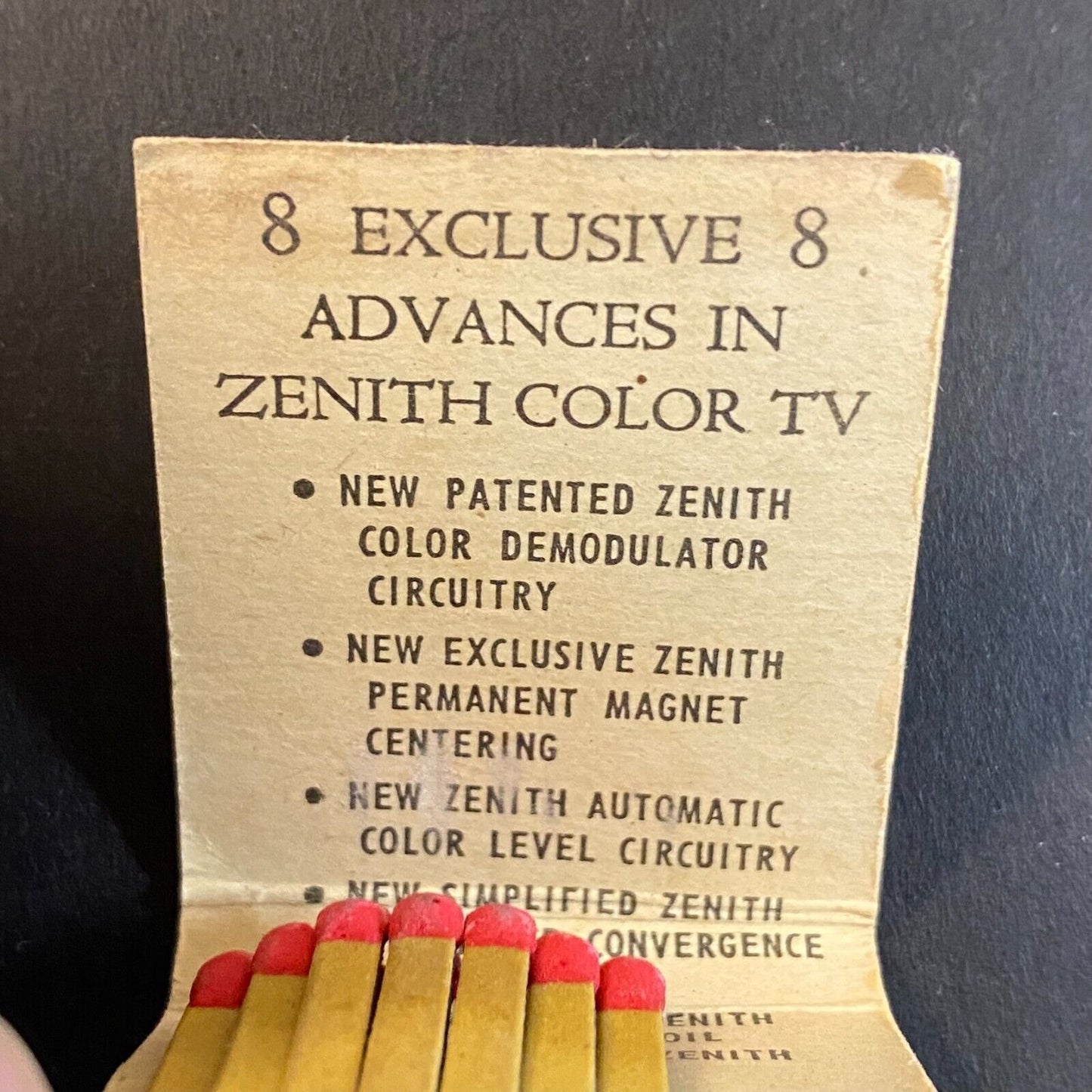 Zenith Color TV "Handcrafted - No Printed Circuits" Half Full Matchbook c1962-67