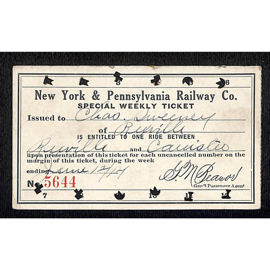 New York & Pennsylvania Ry 1914 Special Weekly Ticket Scarce #5644
