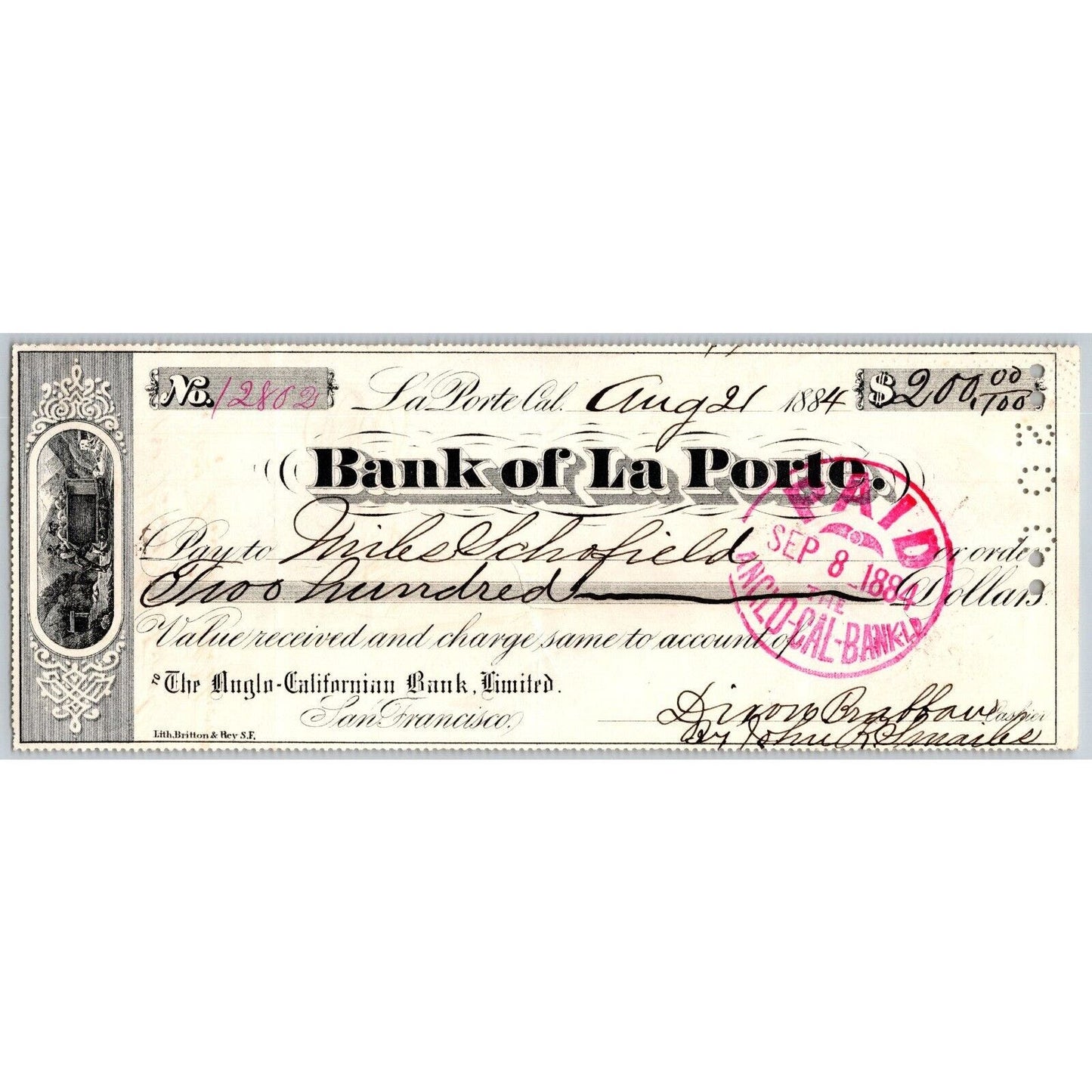 Bank of La Porte Check Miles Schofield 1884 Mining Vignette #12802