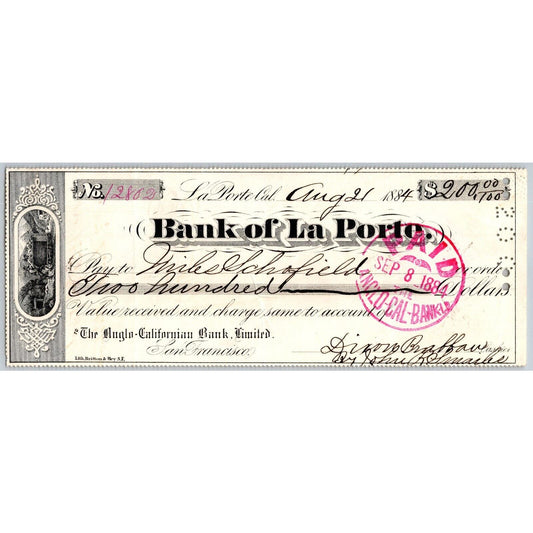 Bank of La Porte Check Miles Schofield 1884 Mining Vignette #12802