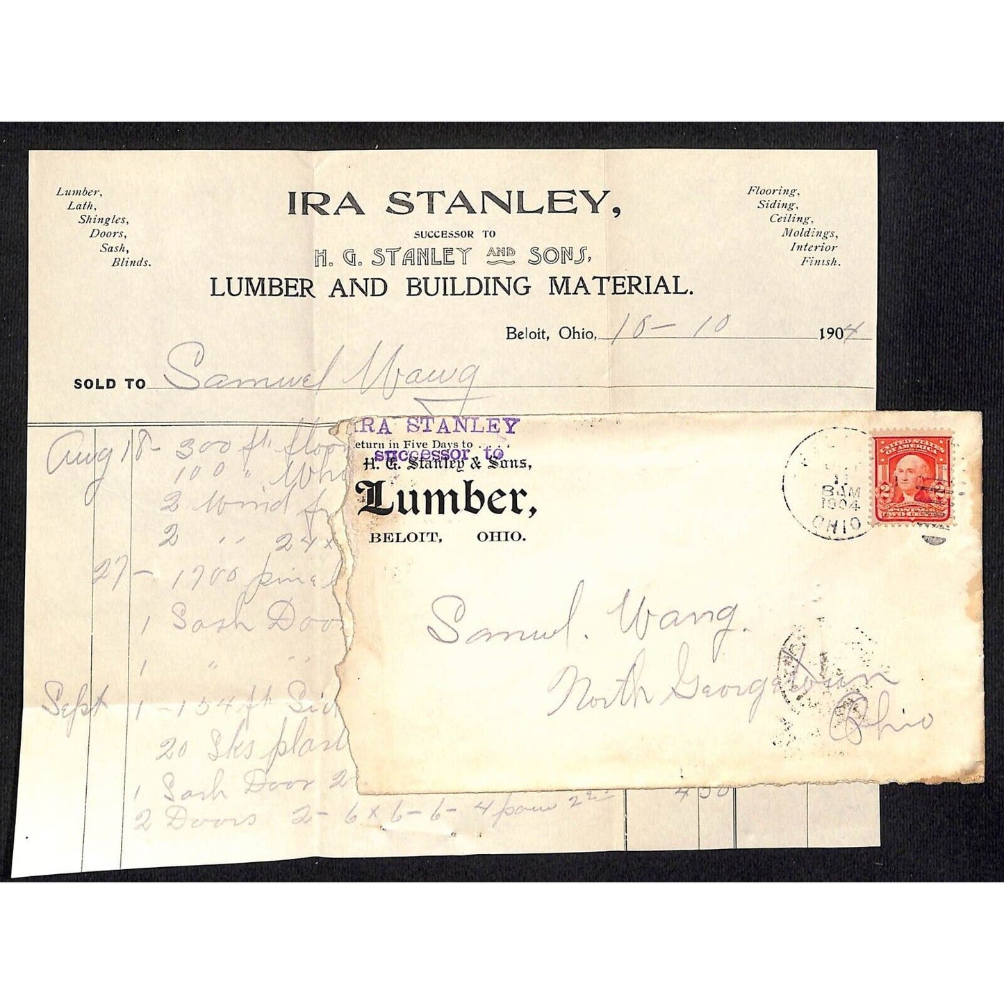 Ira Stanley Lumber Beloit Samuel Wang Co* North Georgetown 1904 Billhead & Cover
