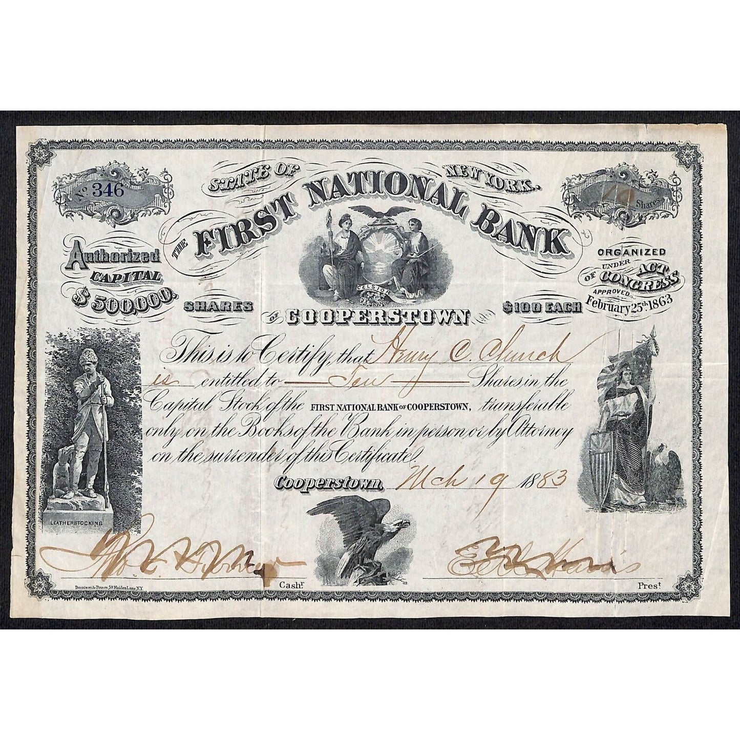 First National Bank of Cooperstown 1883 Stock Certificate Henry C. Church
