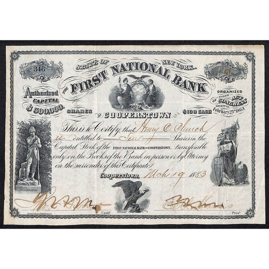 First National Bank of Cooperstown 1883 Stock Certificate Henry C. Church