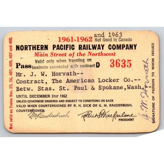 Northern Pacific Railway 1961-62-63 Yearly Train Pass #3635