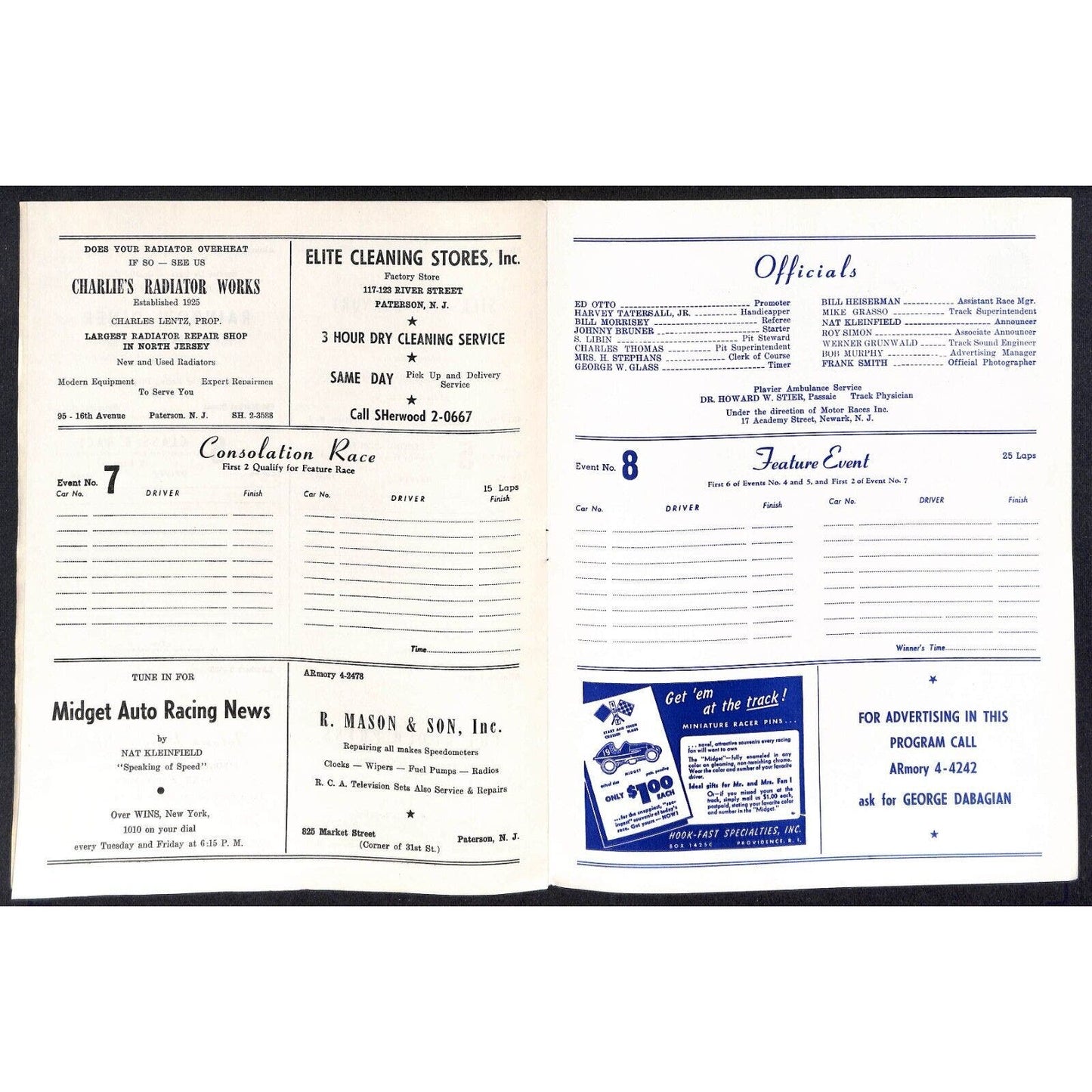 Hinchliffe Stadium Midget Auto Races 1947 Program Andy Van Heusen 4pp VGC