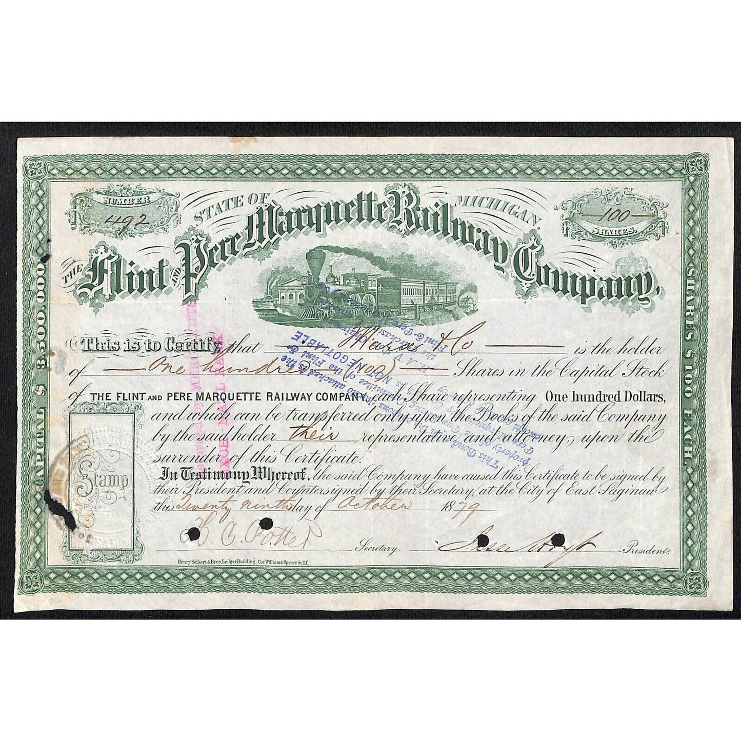 Flint & Pere Marquette Railway 1879 Stock Cert. #492