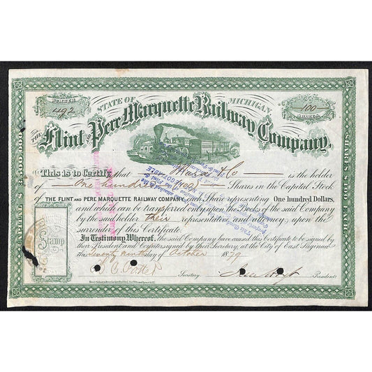 Flint & Pere Marquette Railway 1879 Stock Cert. #492
