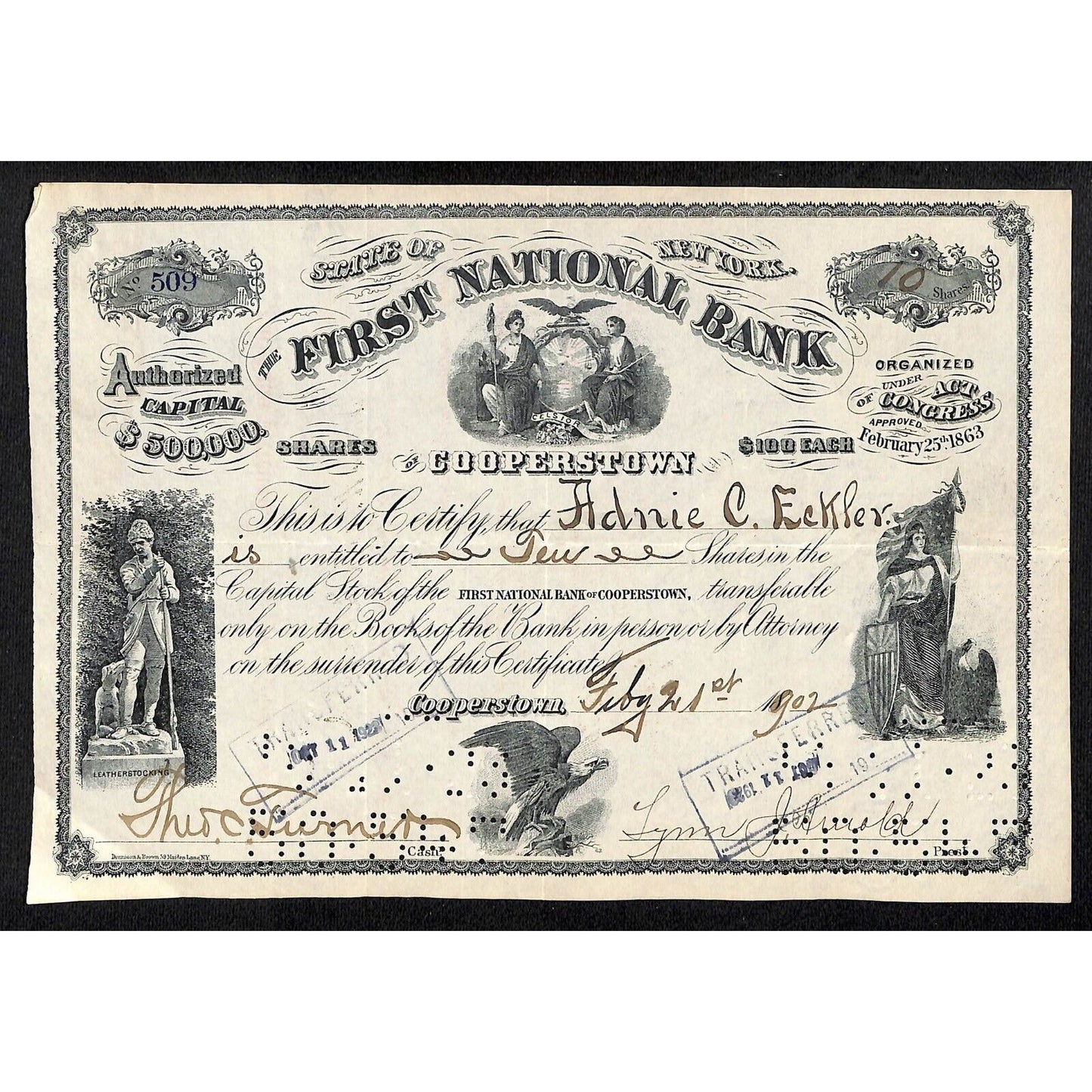 First National Bank of Cooperstown NY 1902 Stock Certificate Adnie C. Eckler